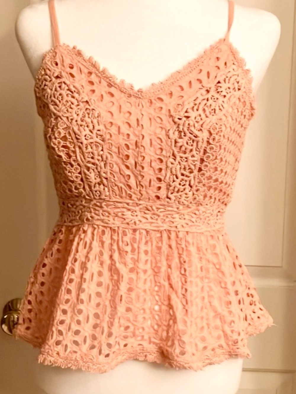 Japna Cotton Babydoll Eyelet Top Spaghetti Straps Fitted Apricot Size S